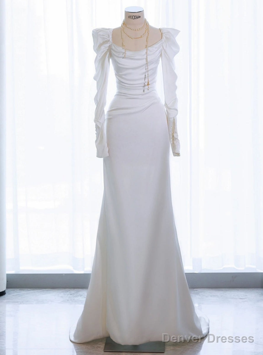 White Mermaid Long Sleeve Square Pleats Wedding Dress Main image