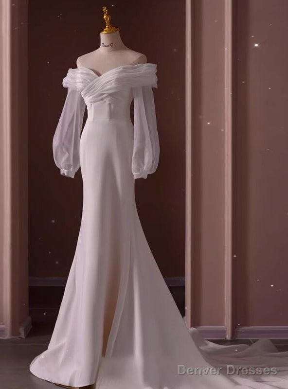 White Mermaid Off the Shoulder Long Sleeve Wedding Dress Main image