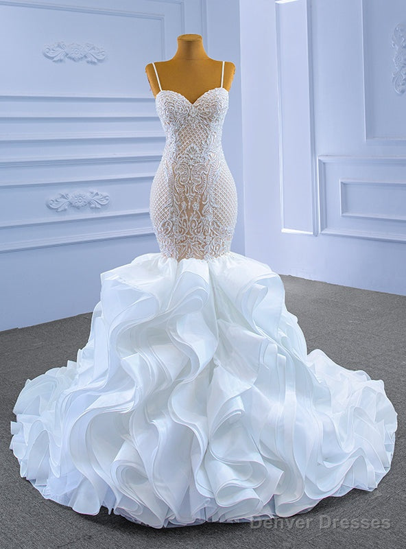 White Mermaid Organza Appliques Beading Wedding Dress Main image