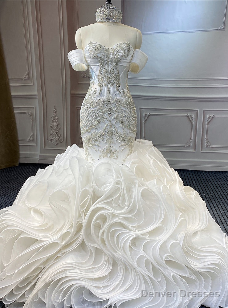 White Mermaid Organza Sweetheart Beading Crystal Wedding Dress Main image