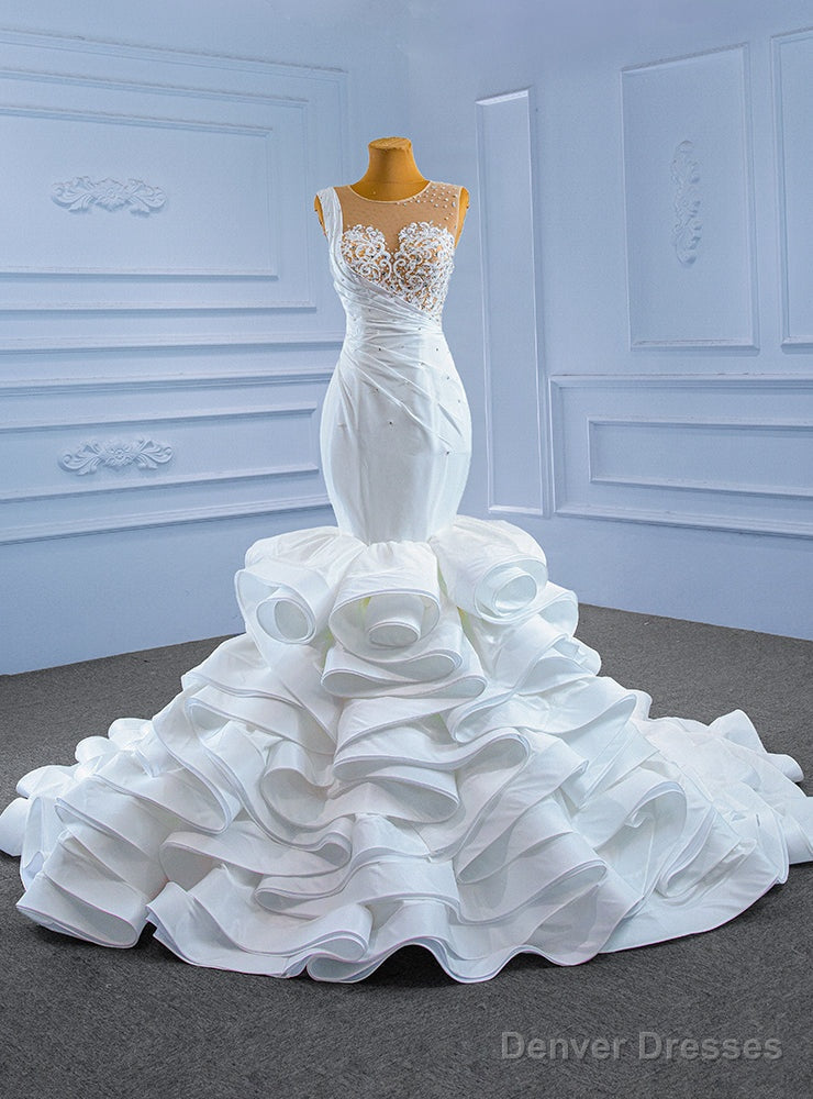 White Mermaid Pleats Appliques Beading Wedding Dress Main image
