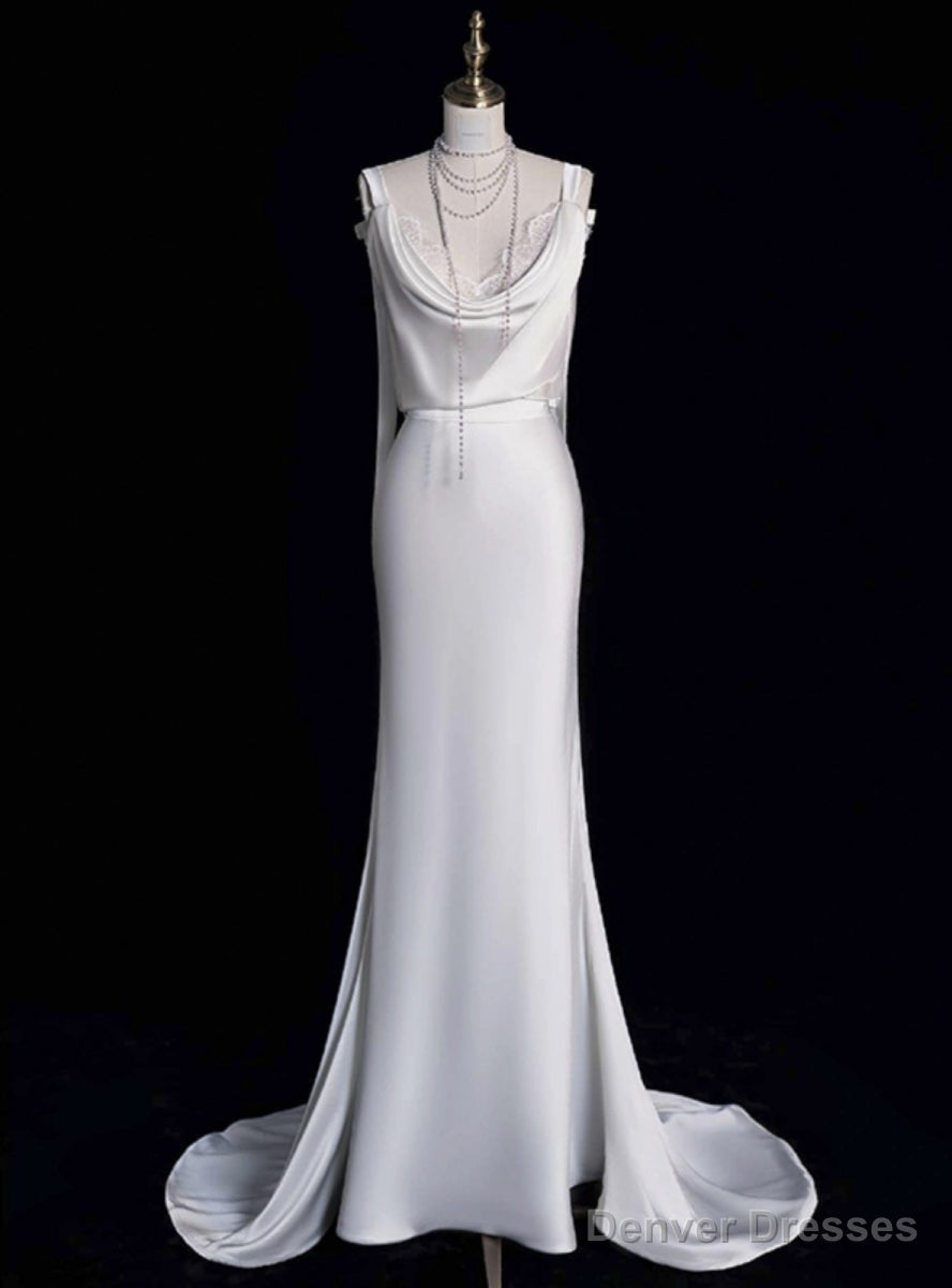 White Mermaid Satin Backless Wedding Dress Main image