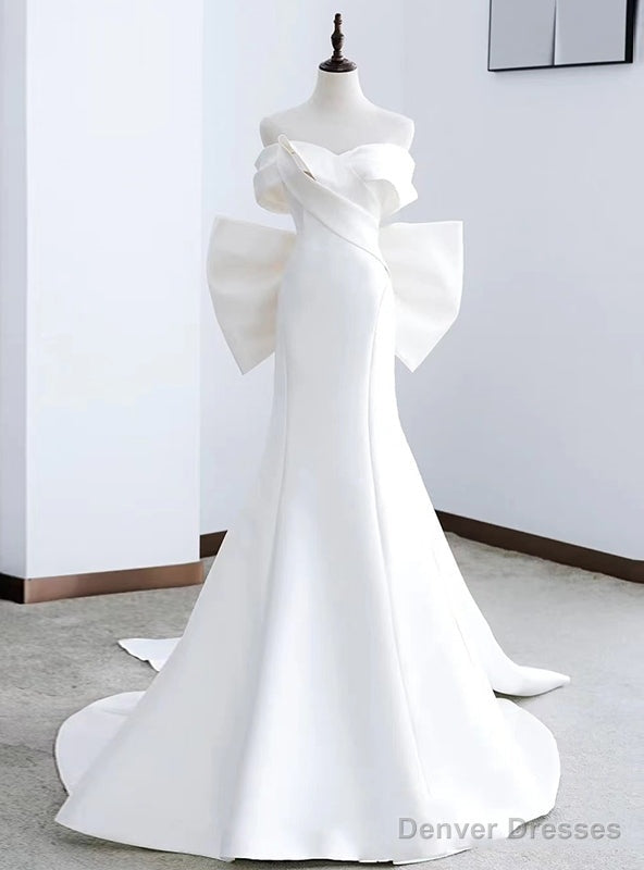 White Mermaid Satin Bow Wedding Dress Main image