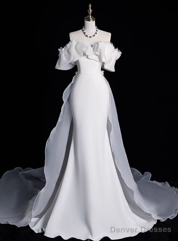 White Mermaid Satin Flower Off the Shoulder Wedding Dress Main image