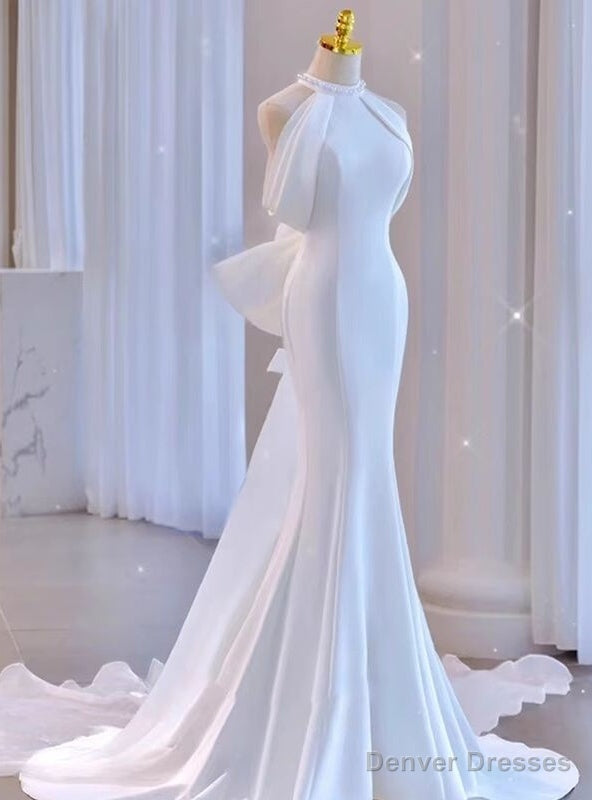 White Mermaid Satin Halter Pearls Bow Wedding Dress Main image
