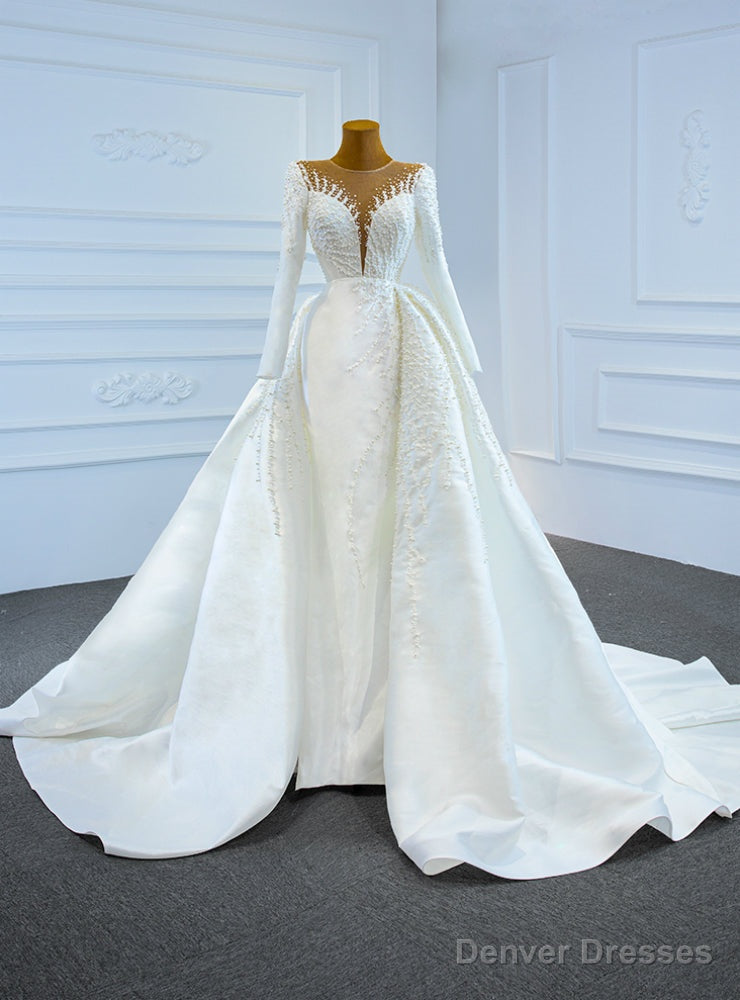 White Mermaid Satin Long Sleeve Pearls Wedding Dress Main image