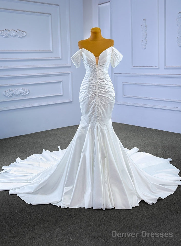 White Mermaid Satin Off the Shoulder Pleats Pearls Wedding Dress Main image