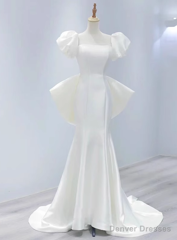 White Mermaid Satin Puff Sleeve Wedding Dress With Bow Main image