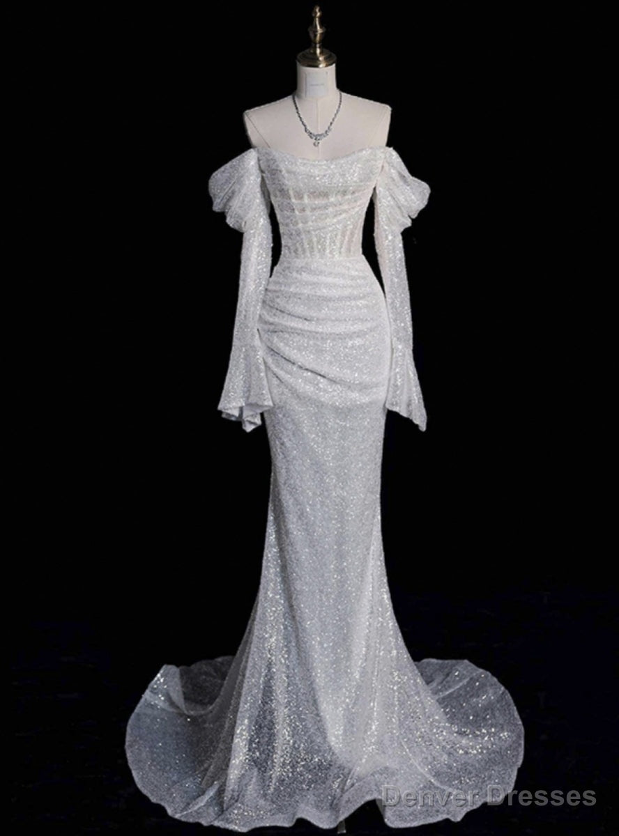 White Mermaid Sequins Long Sleeve Wedding Dress Main image