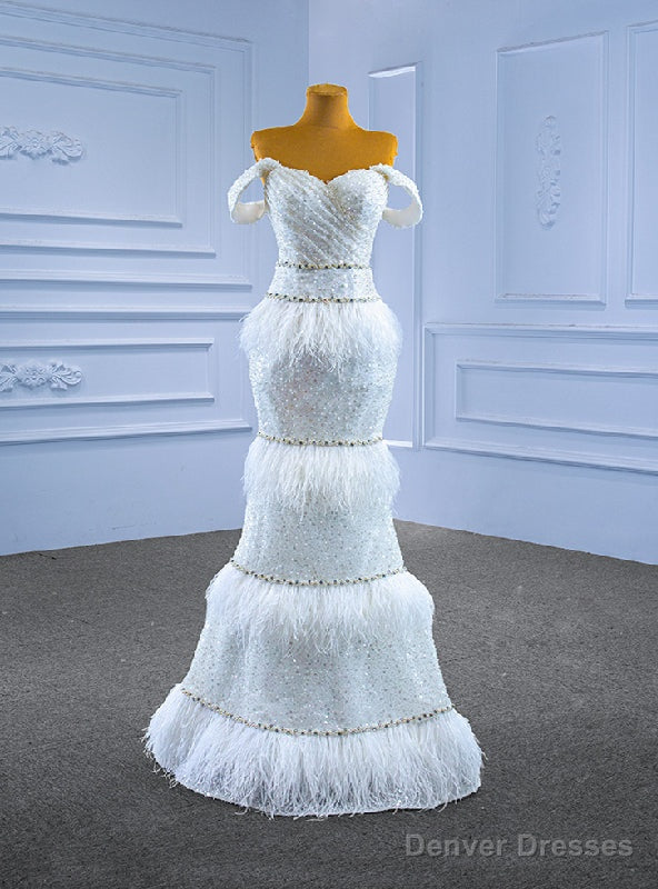 White Mermaid Sequins Off the Shoulder Pearls Feather Wedding Dress Main image