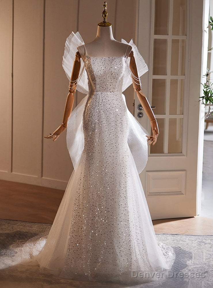White Mermaid Sequins Spaghetti Straps Beading Wedding Dress Main image