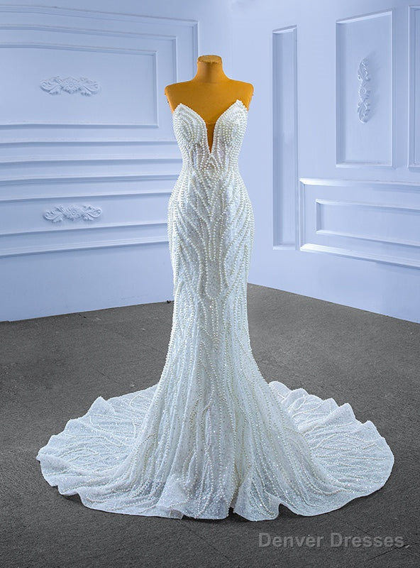 White Mermaid Sequins Strapless Pearls Wedding Dress Main image