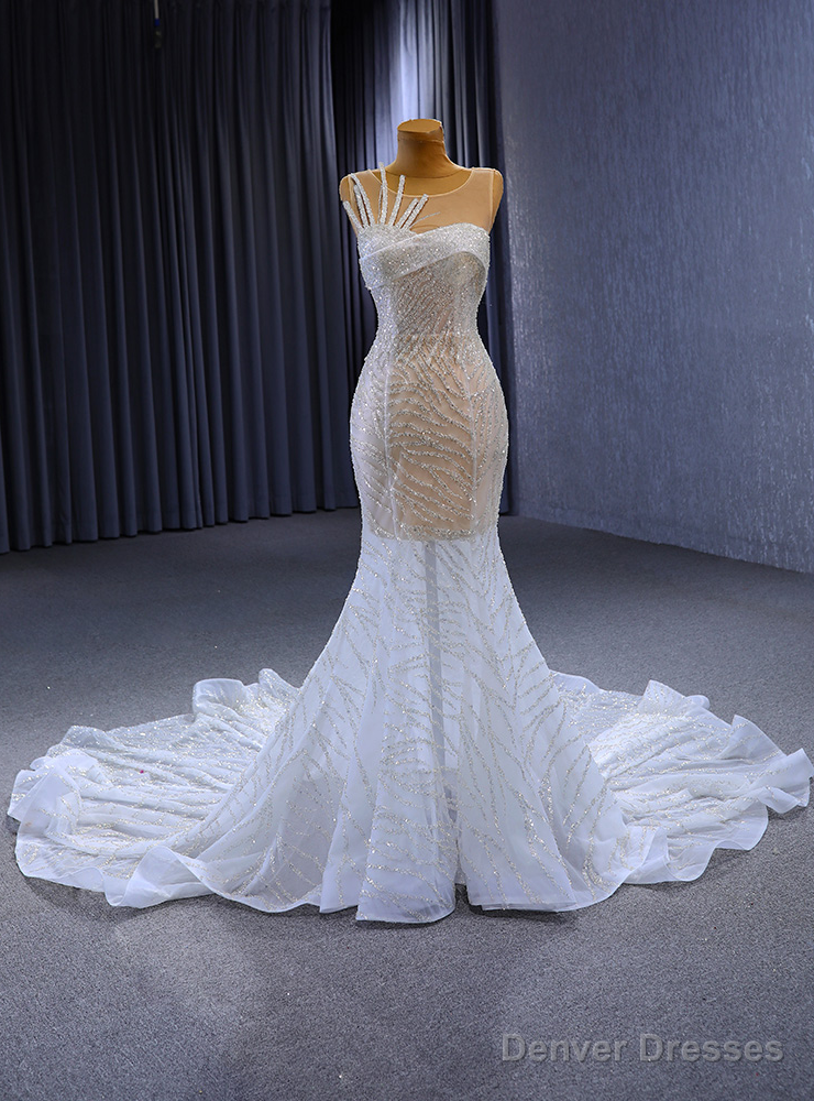 White Mermaid Sequins Wedding Dress With Train Main image