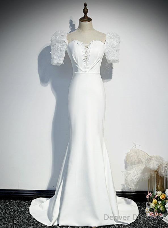 White Mermaid Short Sleeve Appliques Prom Dress Main image