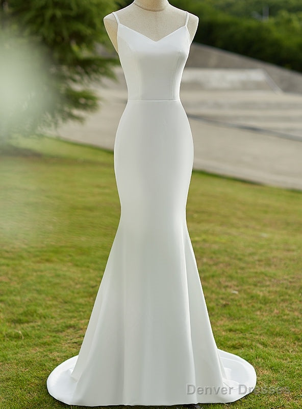 White Mermaid Spaghetti Straps Cross Straps Back Wedding Dress Main image