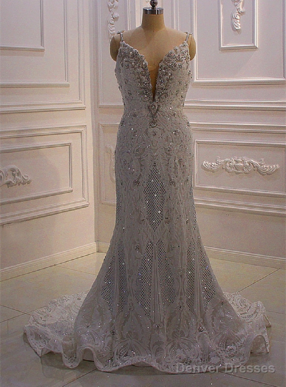 White Mermaid Spaghetti Straps Sequins Beading Wedding Dress Main image