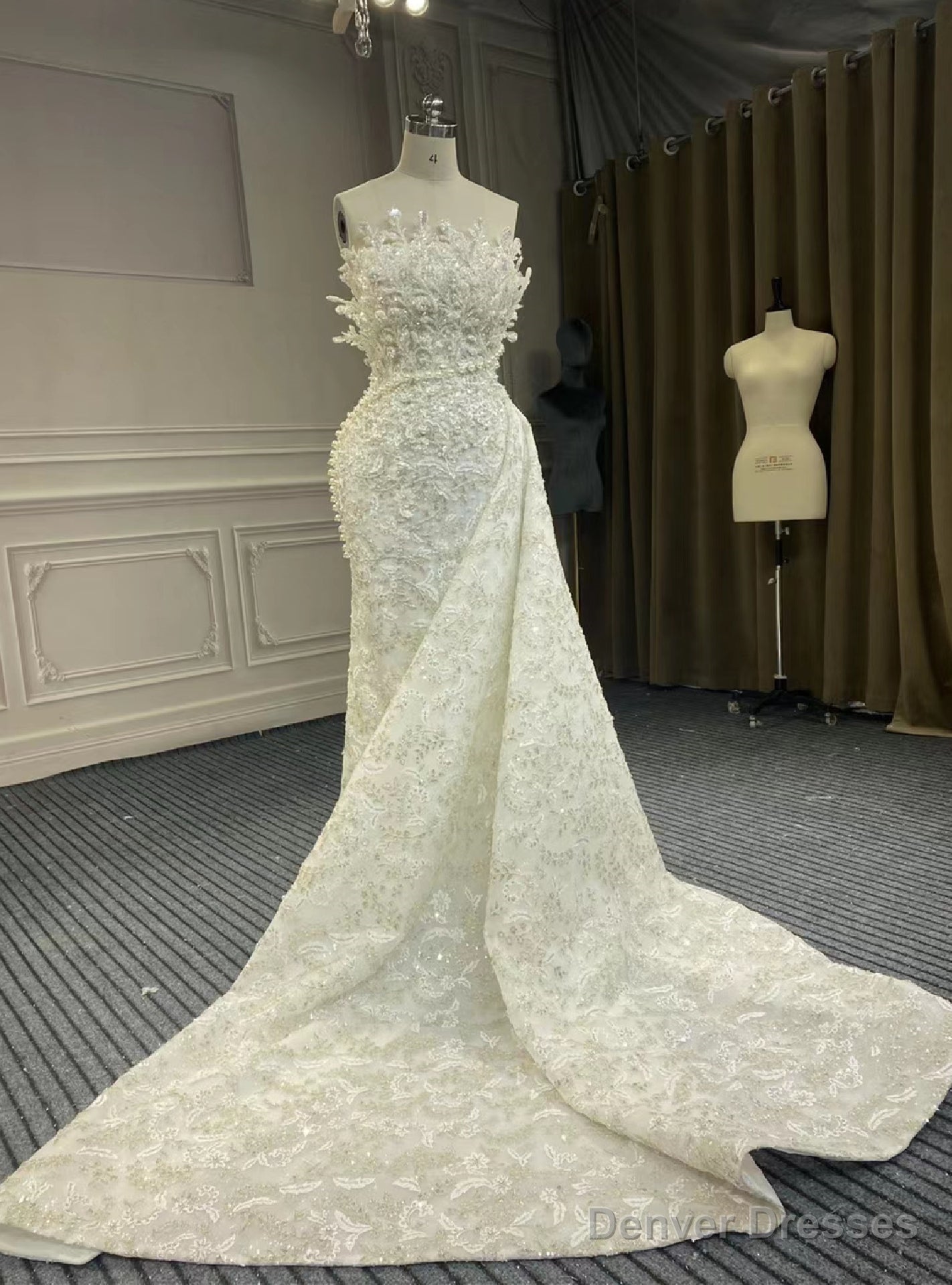 White Mermaid Strapless Beading Sequins Wedding Dress With detachable Train Main image