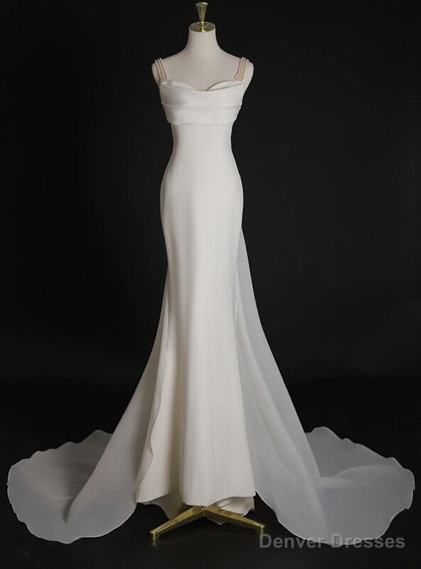 White Mermaid Straps Pearls Wedding Dress Main image