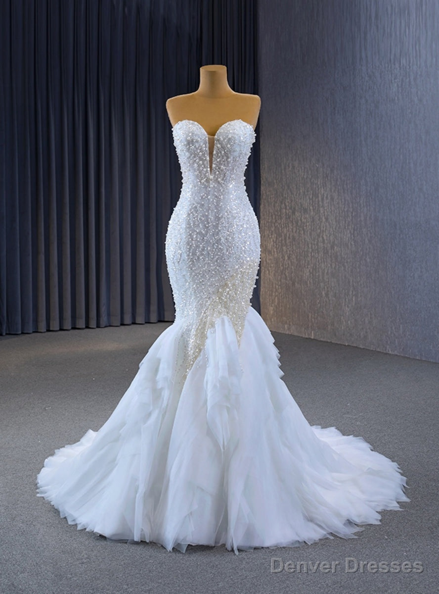 White Mermaid Sweetheart Sequins Pearls Wedding Dress Main image