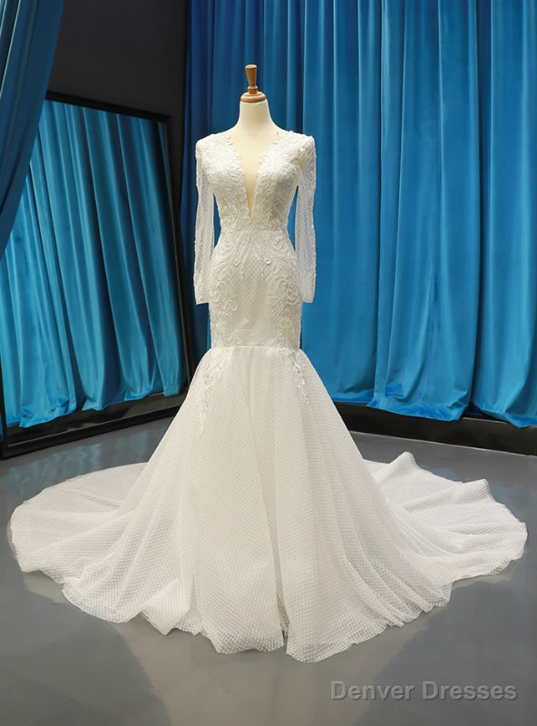 White Mermaid Tulle Appliques Deep V-neck Long Sleeve Backless Wedding Dress Main image