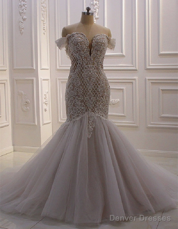 White Mermaid Tulle Appliques Sequins Beading Wedding Dress Main image