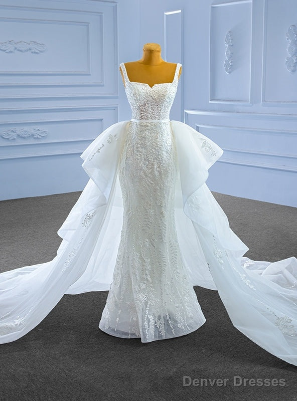 White Mermaid Tulle Appliques Wedding Dress With Detachable Train Main image