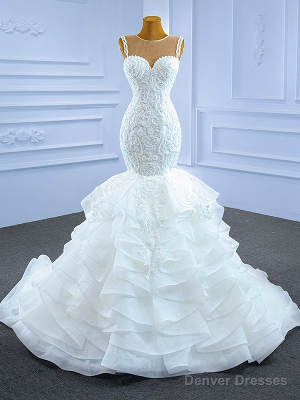 White Mermaid Tulle Appliques Wedding Dress