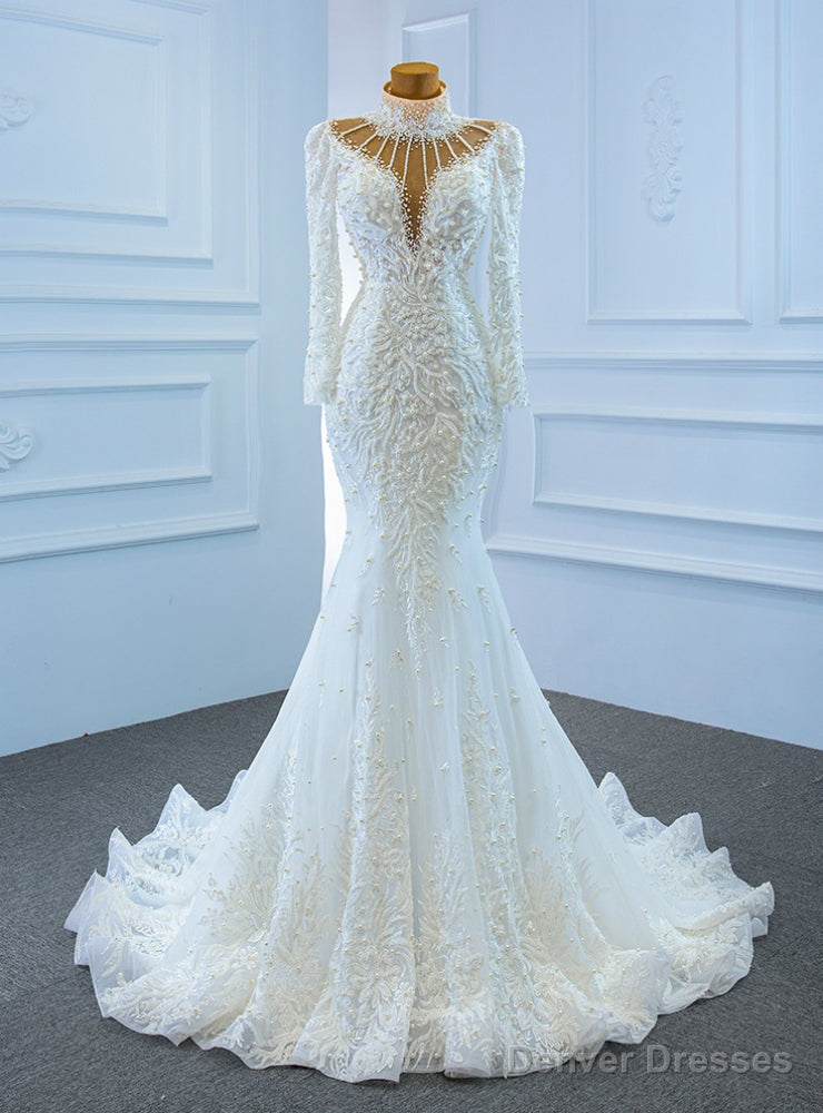 White Mermaid Tulle High Neck Long Sleeve Appliques Wedding Dress Main image