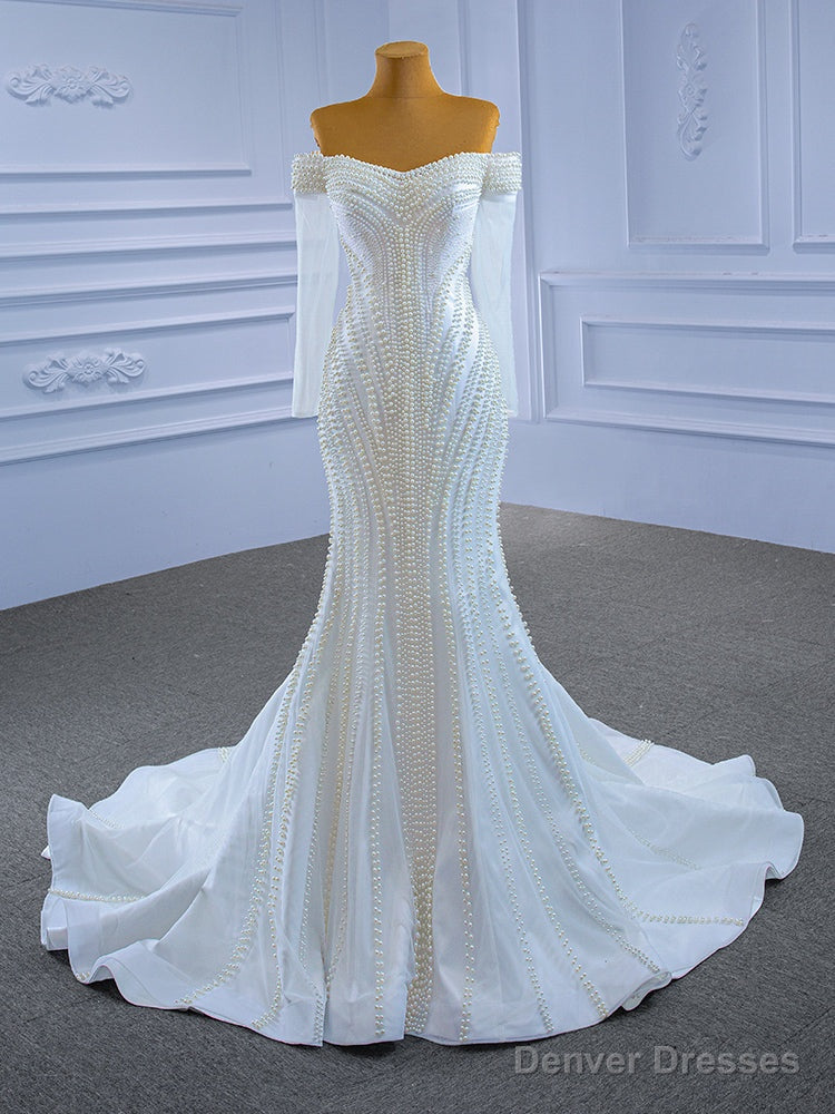 White Mermaid Tulle Long Sleeve Pearls Beading Wedding Dress