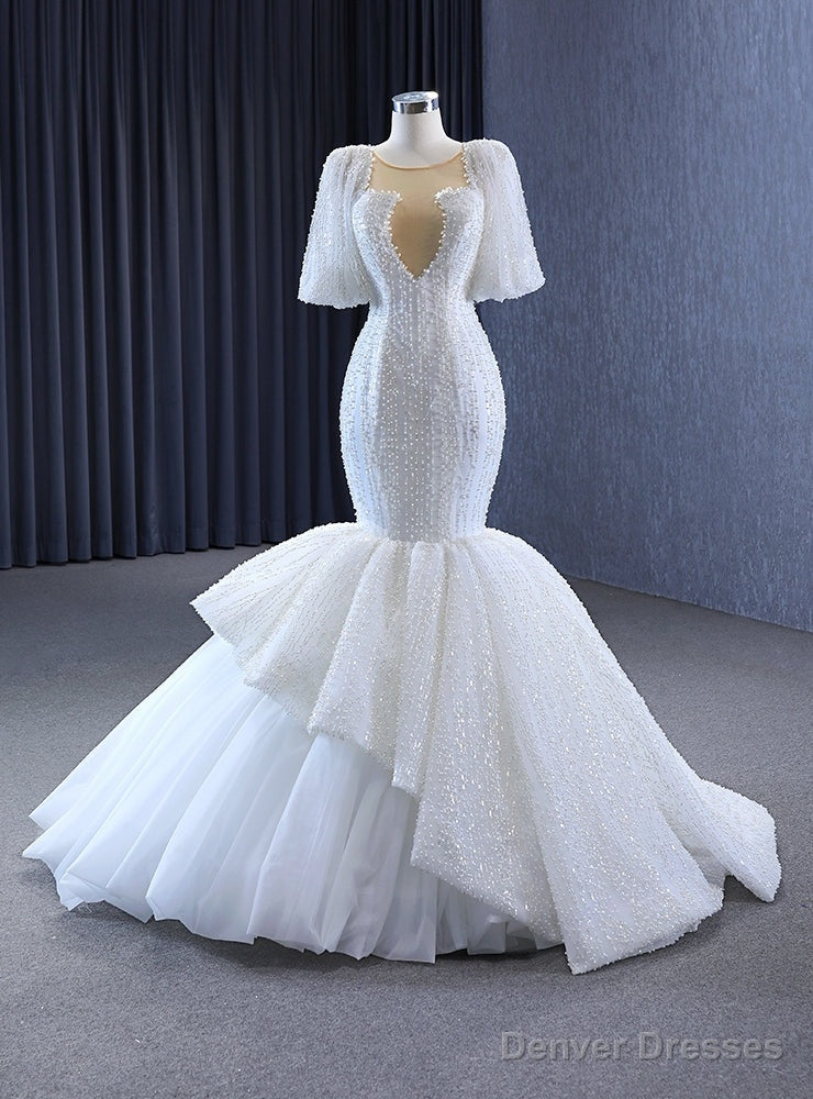 White Mermaid Tulle Puff Sleeve Wedding Dress Main image
