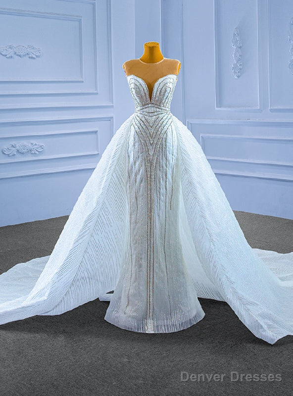 White Mermaid Tulle Sequins Beading Pearls Wedding Dress Main image