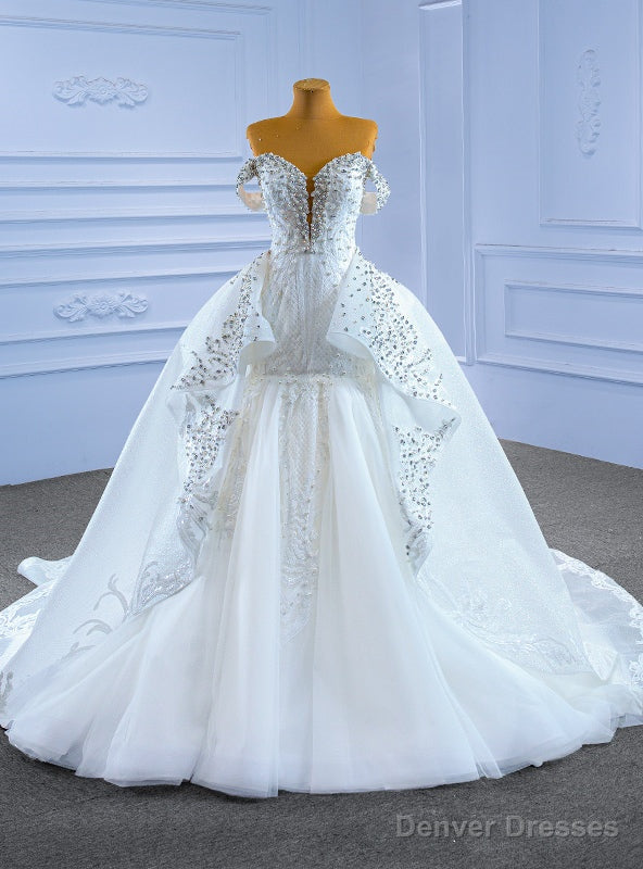 White Mermaid Tulle Sequins Beading Wedding Dress With Detachable Train Main image