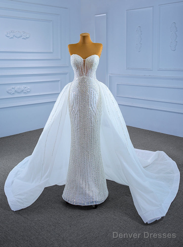 White Mermaid Tulle Sequins Sweetheart Wedding Dress Main image