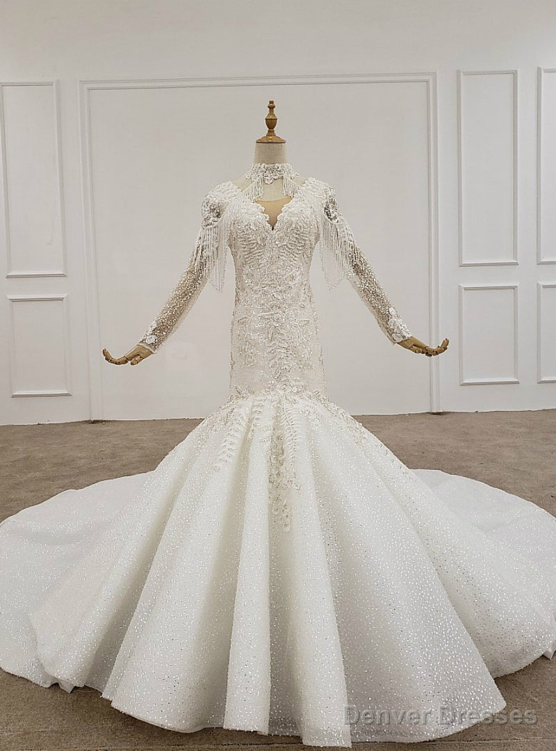 White Mermaid Tulle Sequins V-neck Long Sleeve Appliques Beading Wedding Dress Main image