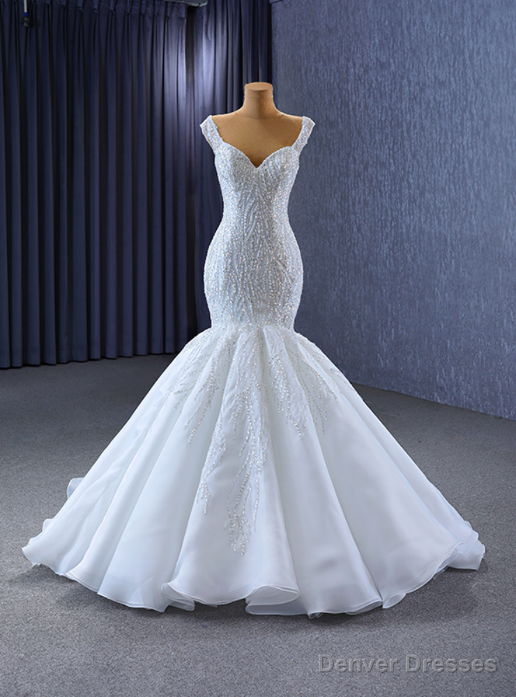 White Mermaid Tulle Strap Wedding Dress Main image