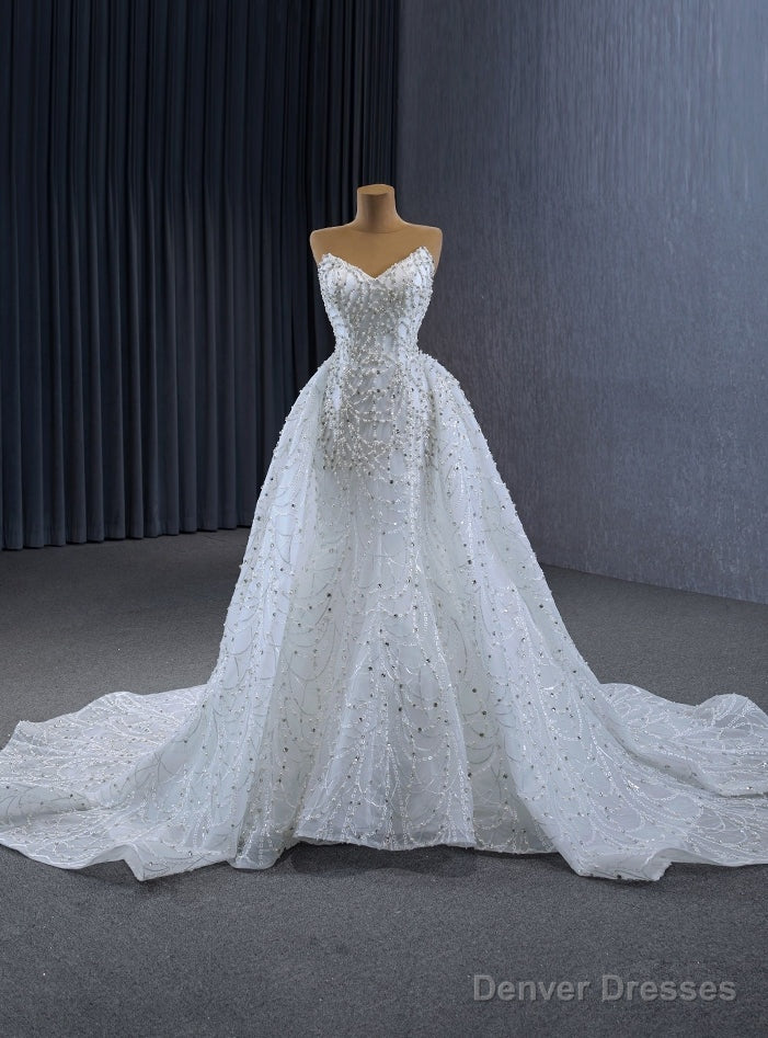 White Mermaid Tulle Strapless Pearls Wedding Dress With Detachable Train Main image