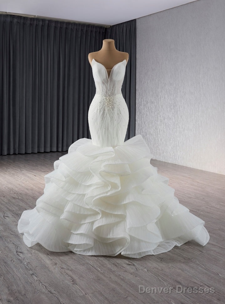 White Mermaid Tulle Strapless Pleats Beading Wedding Dress Main image
