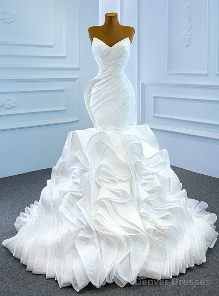 White Mermaid Tulle Sweetheart Pleats Wedding Dress Main image