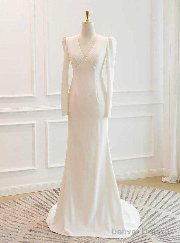 White Mermaid V-neck Long Sleeve Backless Wedding Dress Main image