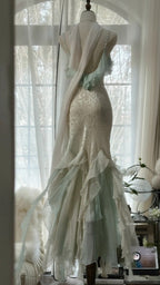 White Mint Green Romantic Fashion Elegant Delicate Beaded Lace Spaghetti Straps Long Tulle Chiffon Ruffle Ball Gown Evening Gown Party Dress
