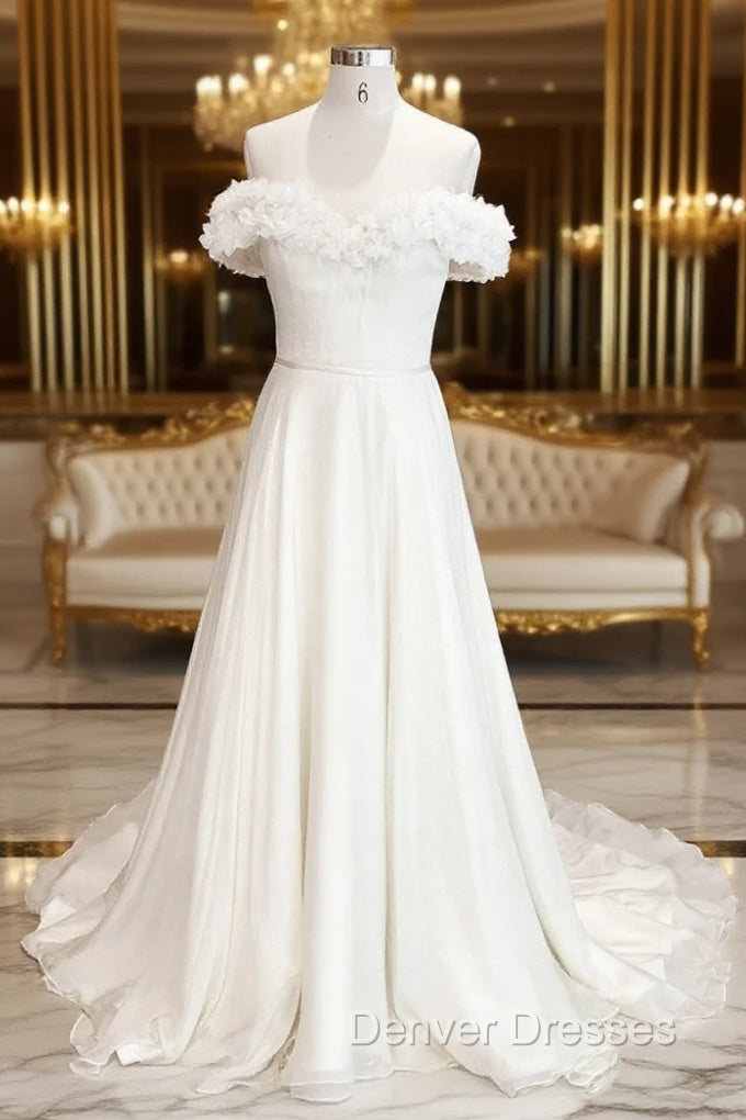 White Off Shoulder Chiffon Long Prom Dress, White Evening Dress Main image