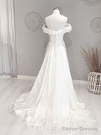 White Off Shoulder Flowers Long Wedding Dress, White Beach Wedding Dress