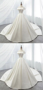 White Off Shoulder Satin Long Prom Dress, White Evening Dress, White Wedding Dress, White Formal Dress