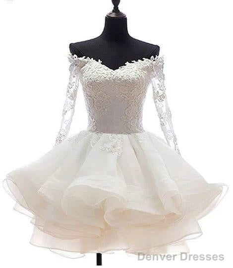 White Off Shoulder Short Organza With Lace Top Graduation Dress, Short Wedding Party Dress Secondary image