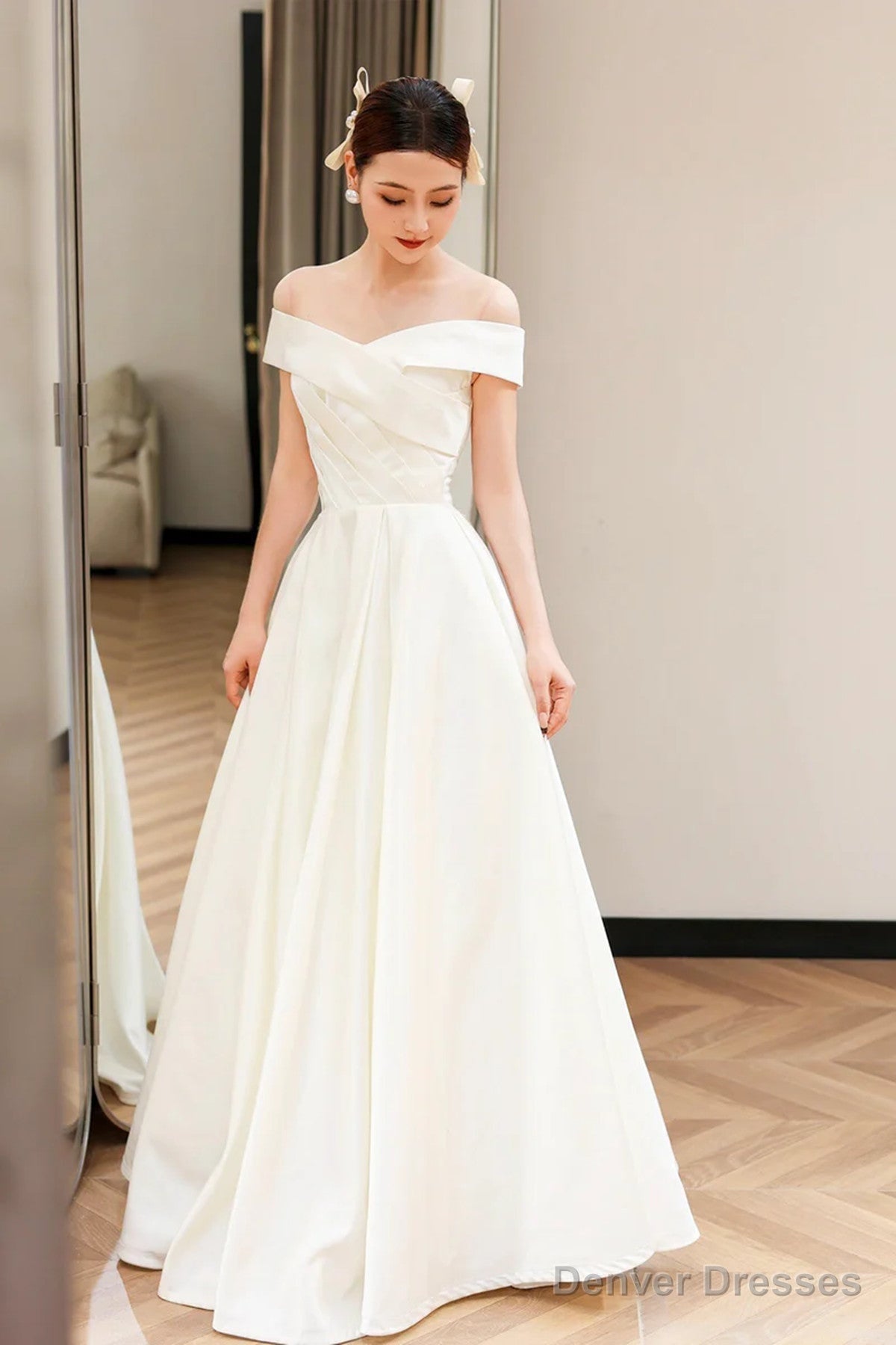 White Off Shoulder Simple Satin Wedding Party Dress, White Long Prom Dress Main image