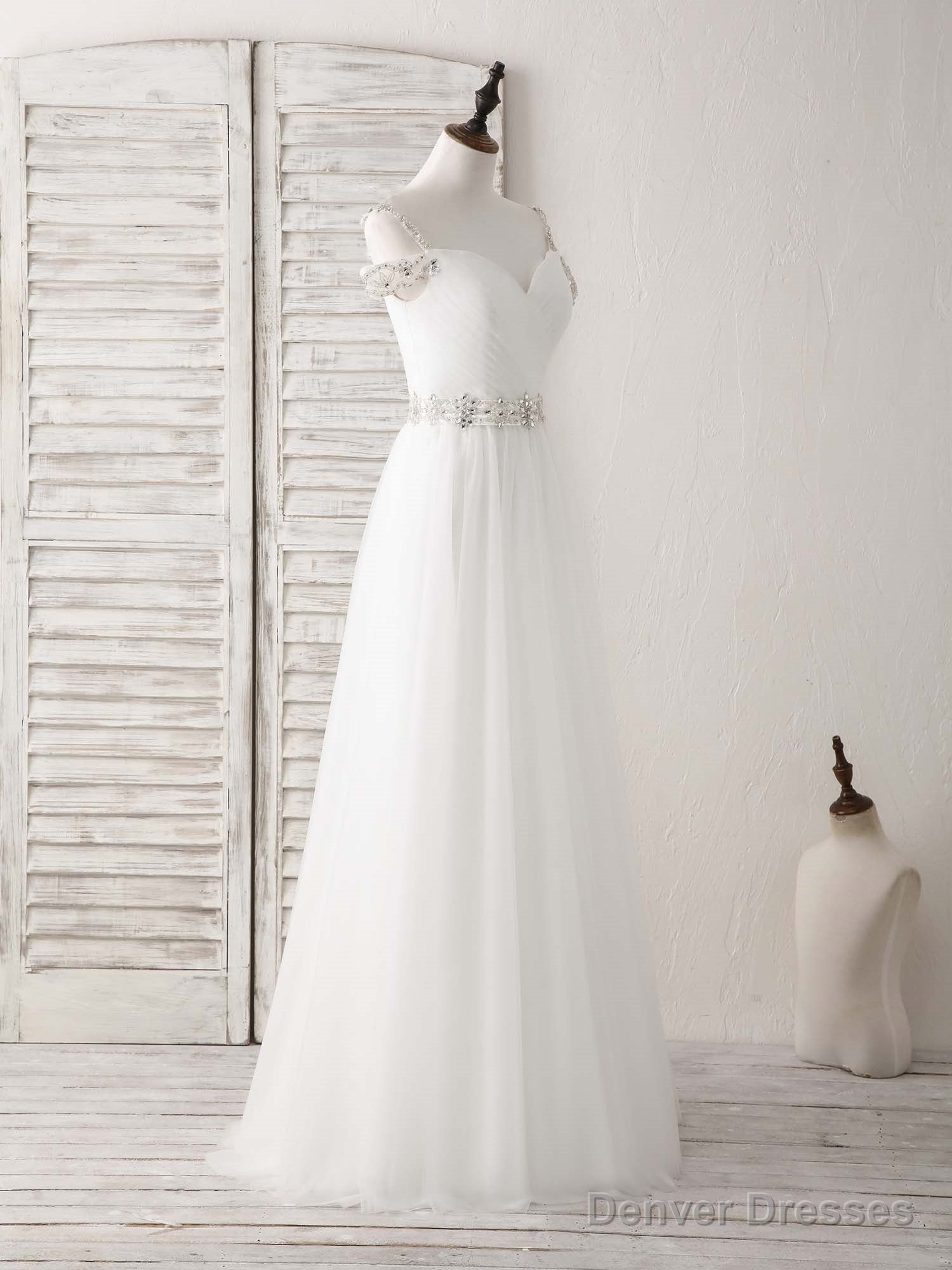 White Off Shoulder Tulle Beads Long Prom Dress White Evening Dress