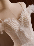 White Off Shoulder Tulle Lace Long Prom Dress, White Long Wedding Dress