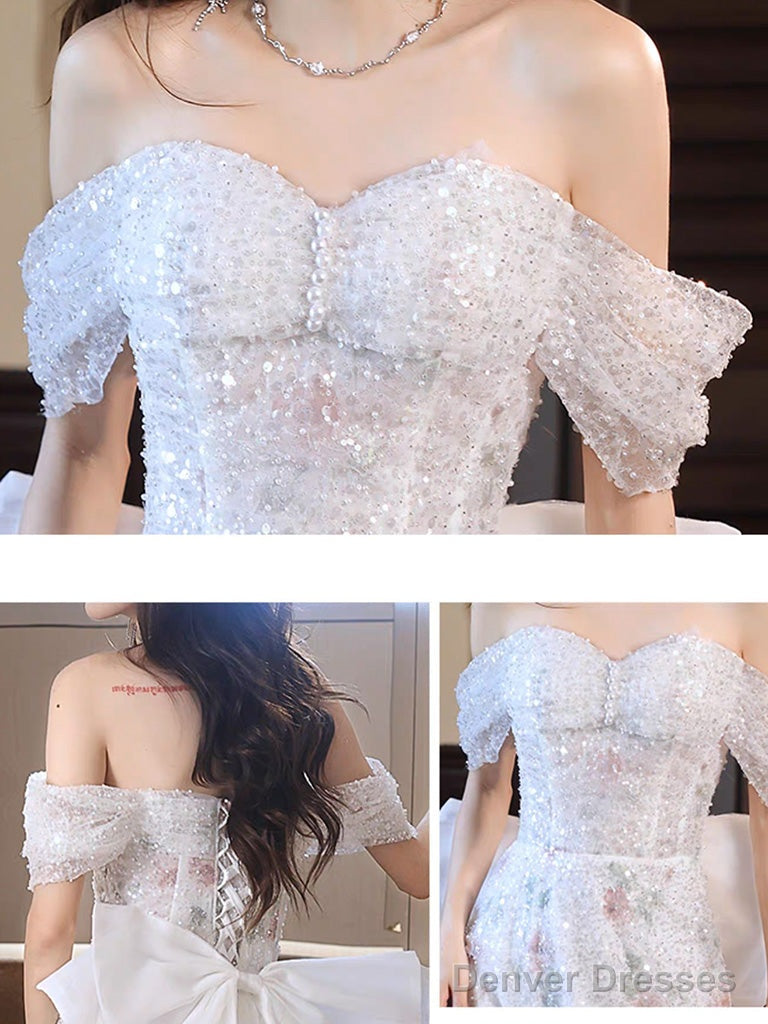 White Off Shoulder Tulle Lace Long Prom Dress, White Tulle Formal Dress