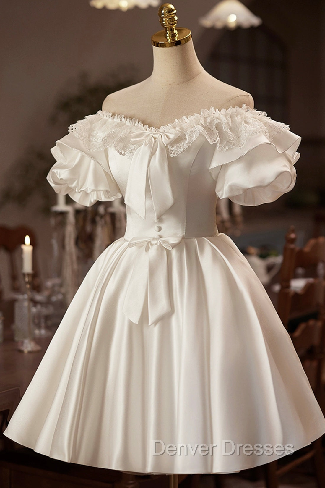 White Off The Shoulder Lace Short Prom Dress, A-Line Satin Knee Length Party Dress Secondary image
