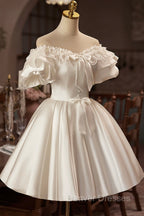 White Off The Shoulder Lace Short Prom Dress, A-Line Satin Knee Length Party Dress
